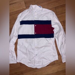 Tommy Hilfiger White Shirt with Navy and Red Flag Logo-sz. Small